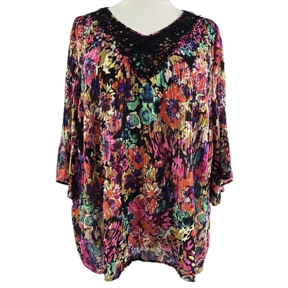 Catherines Multicolor Floral Crochet Pleated Flare Sleeve Tunic Maximalist